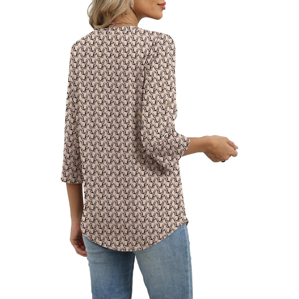Xieerduo 3/4 Length Sleeve Womens Tops V Neck T Shirts Both Side Buttons Blouses Business Casual Outfits Loose Fit