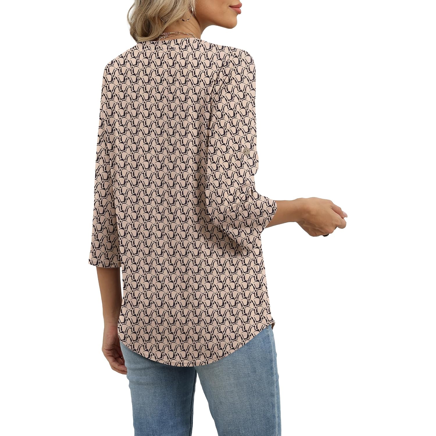 Xieerduo 3/4 Length Sleeve Womens Tops V Neck T Shirts Both Side Buttons Blouses Business Casual Outfits Loose Fit