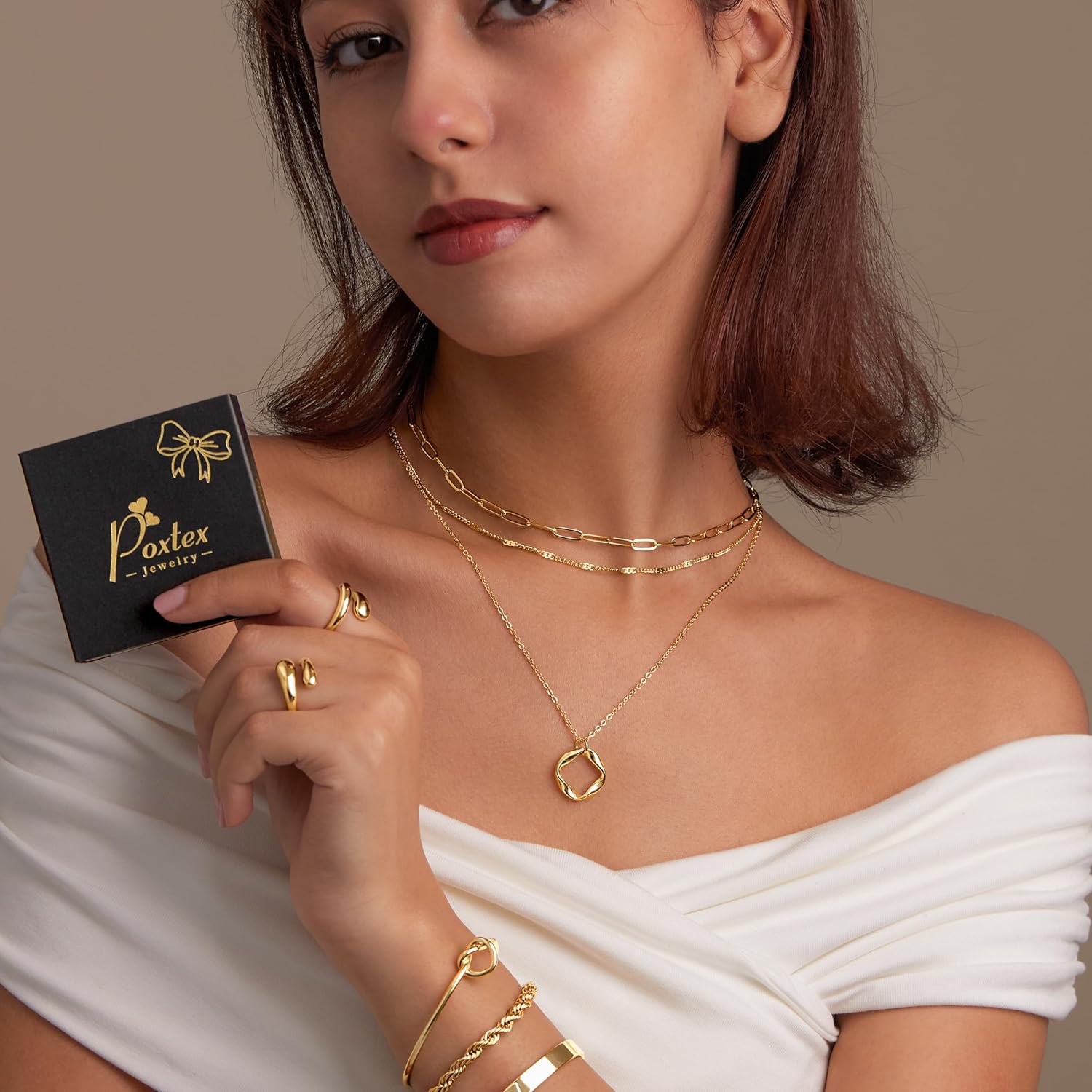 Poxtex Layered Gold Necklaces for Women, Stackable Dainty 14K Gold Silver Plated Trendy Simple Heart Diamond Cross Bow Circle Pendant Paperclip Choker Dot Chain Necklace,Jewelry Set Gifts for Women