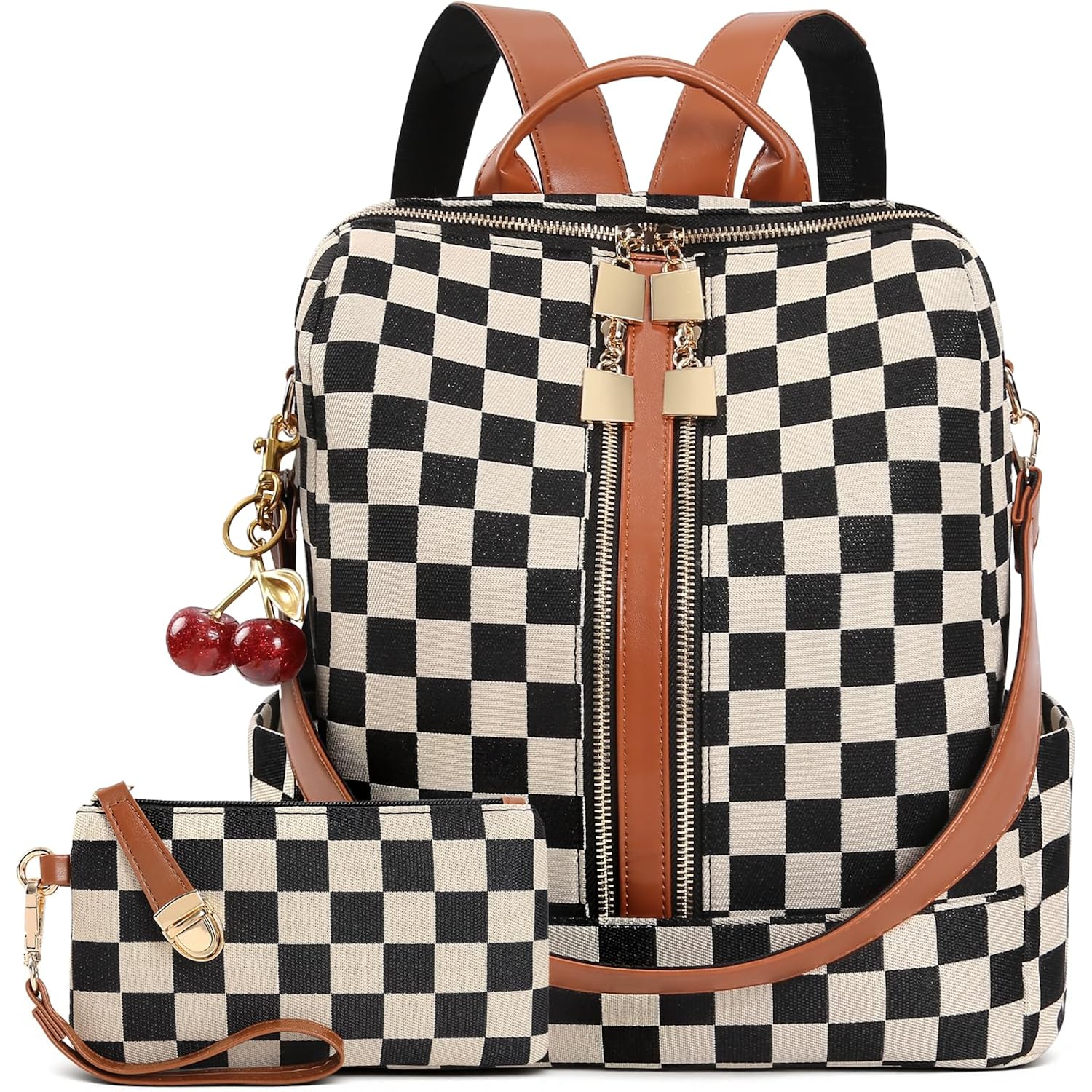 Small Backpack Purse For Women Checkered Back Pack Purses Ladies Backpack Handbags With Cherry Pendant Work Travel