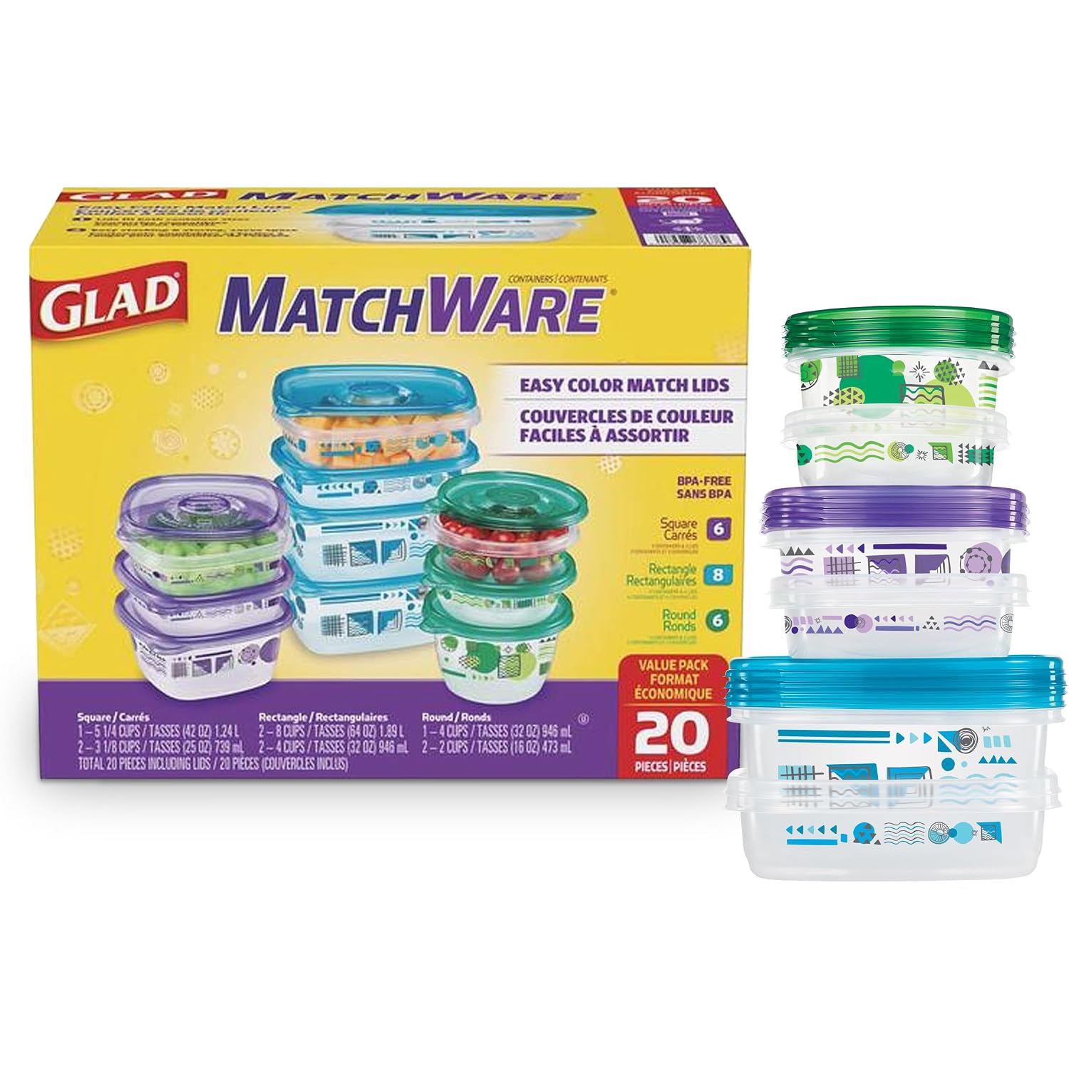 Glad Gladware Matchware Food Storage Containers With Lids, Bpa Free Reusable Plastic 20 Piece Variety Pack For Lunches, Meal Prep, And Leftovers, Leak Resistant, Microwave And Dishwasher Safe