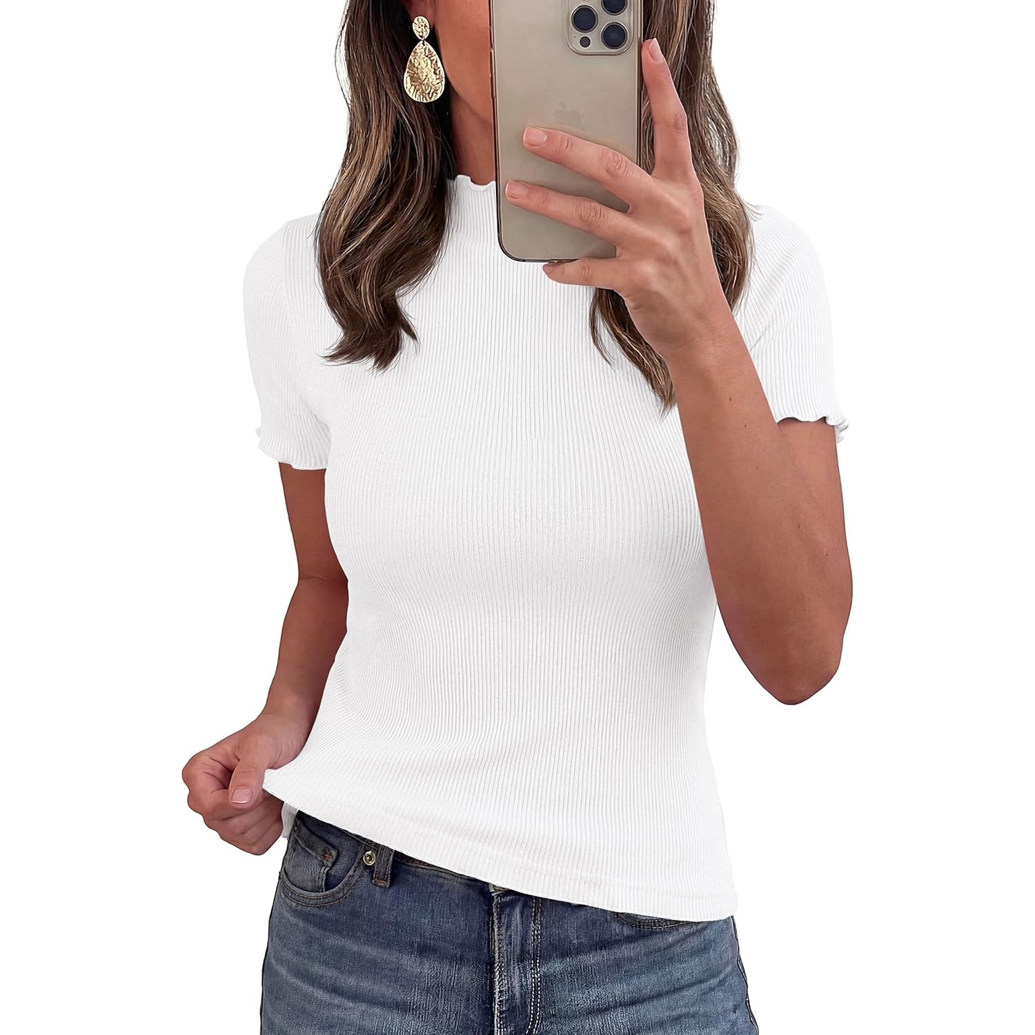 Short Sleeve T Shirts for Women Summer Clothes 2026 Casual Spring Tops Ruffle Mock Neck Ribbed Fitted Basic Tees