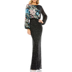 Mac Duggal Beaded Mesh Boat Neck Bishop Sleeve Column Gown