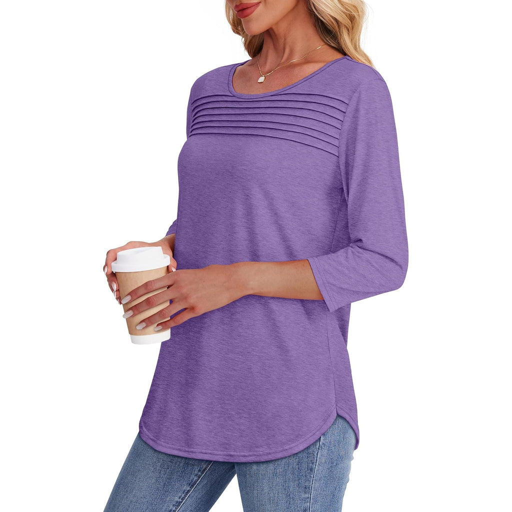Ofeefan Womens Tops 3/4 Length Sleeve Blouses Dressy Casual Spring Summer Fall Outfits Pleated Front T Shirts Curved Hem