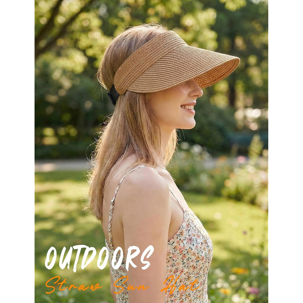 Sun Visor Hat for Women Summer Travel Vacation Foldable Wide Brim Straw Ponytail Beach Hat Outdoor UV Protection Cap Beige