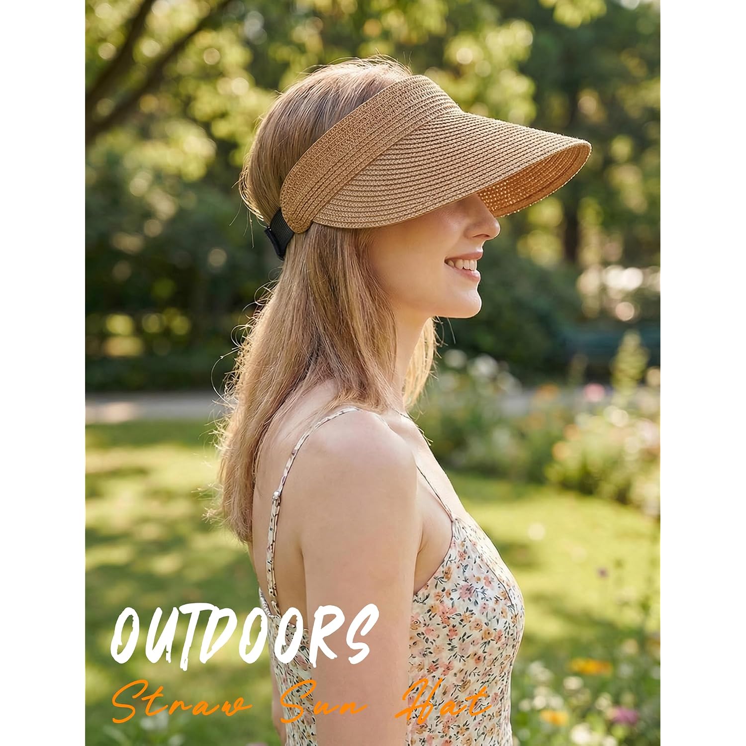 Sun Visor Hat for Women Summer Travel Vacation Foldable Wide Brim Straw Ponytail Beach Hat Outdoor UV Protection Cap Beige