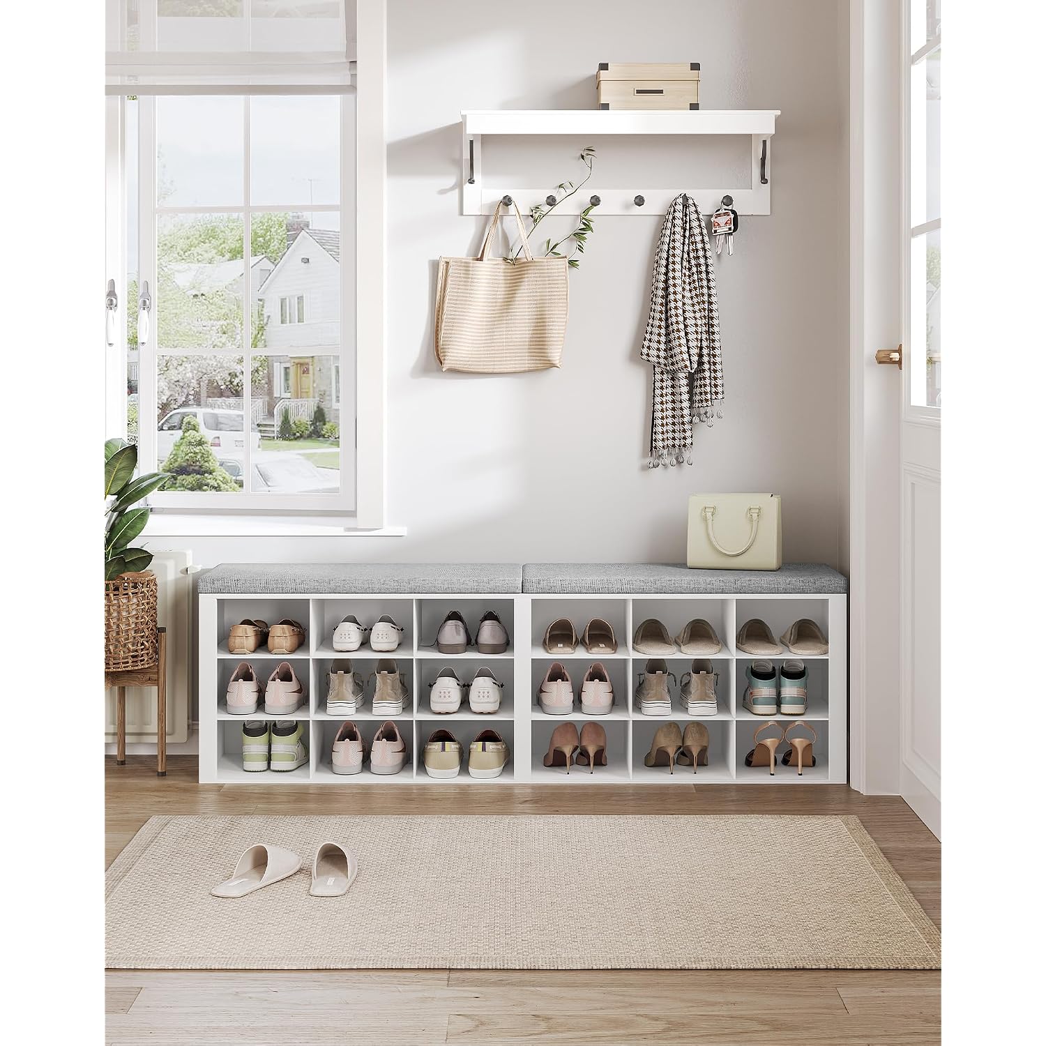 Hzuaneri Shoe Storage Bench With Cushion, Entryway Storage Bench With 18 Cubbies, 9.5" Widened Organizer Cabinet, Long Cubby Rack For Living Room, Bedroom, Entryway, White Sb25703Gy