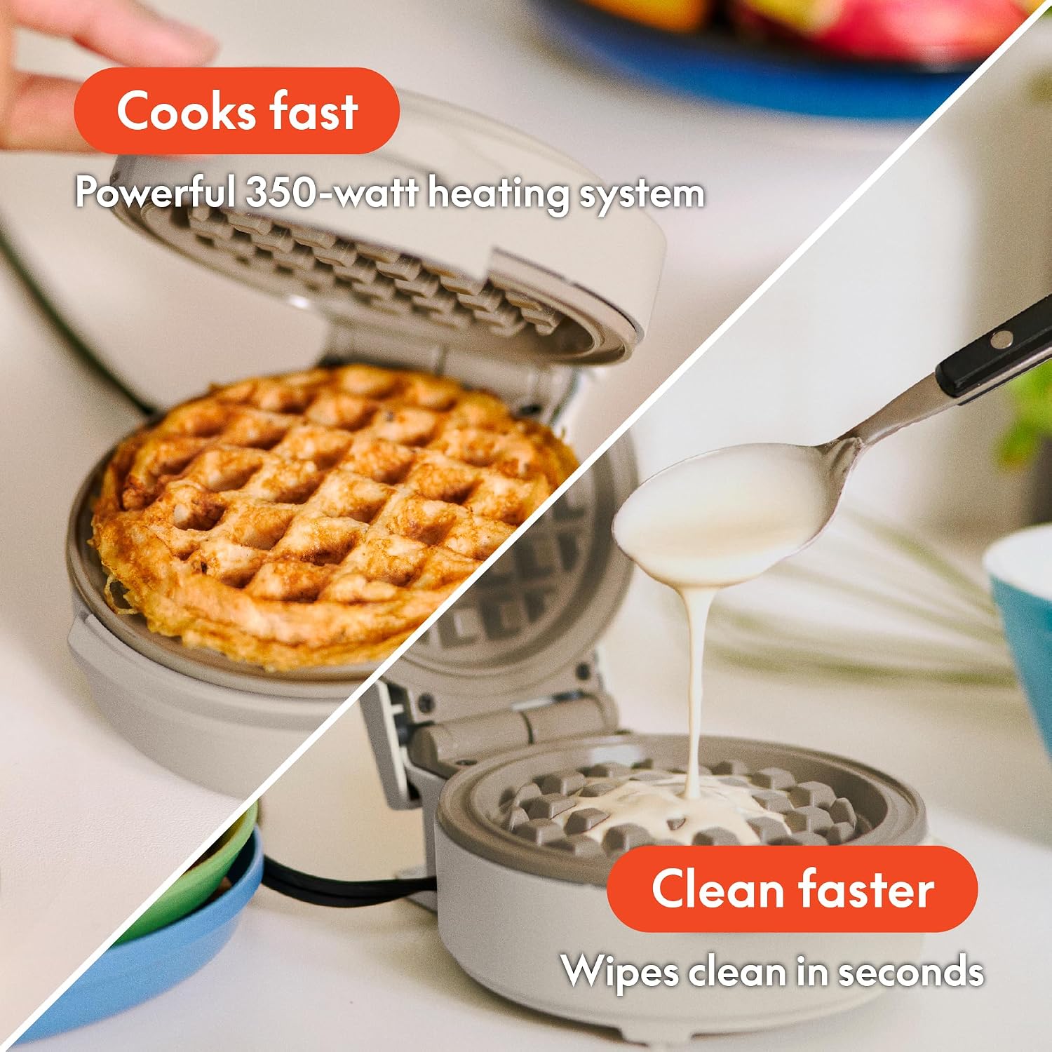 Bella Snack-N-Store Mini Waffle Maker, Evergood™ Ceramic Nonstick Coating, Cord Wrap, Ready Indicator Light & Cool Touch Handles, Stackable Design & Customizable Plates, 350 Watt, Oatmilk