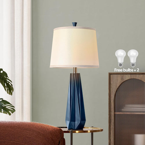 27'' Navy Blue Resin Table Lamps, Desk Lamps With 3 Color Temperature | Prism-Shaped Lamp Body, Rotary Switch, E26 Base, With Linen Shade, Desk Lamps For Living Room, Bedroom, 2 Bulbs Included