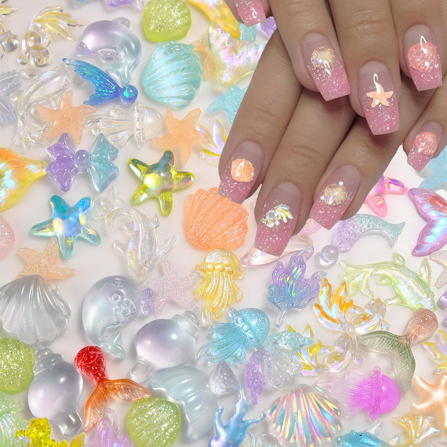 100Pcs Ocean Series Nails Charms 3D Colorful Seashell Jellyfish Starfish Nail Rhinestones Resin Summer Flat Nail Art Supplies for Acrylic Nails Dolphin Mermaid Nail Charms for Women Summer DIY