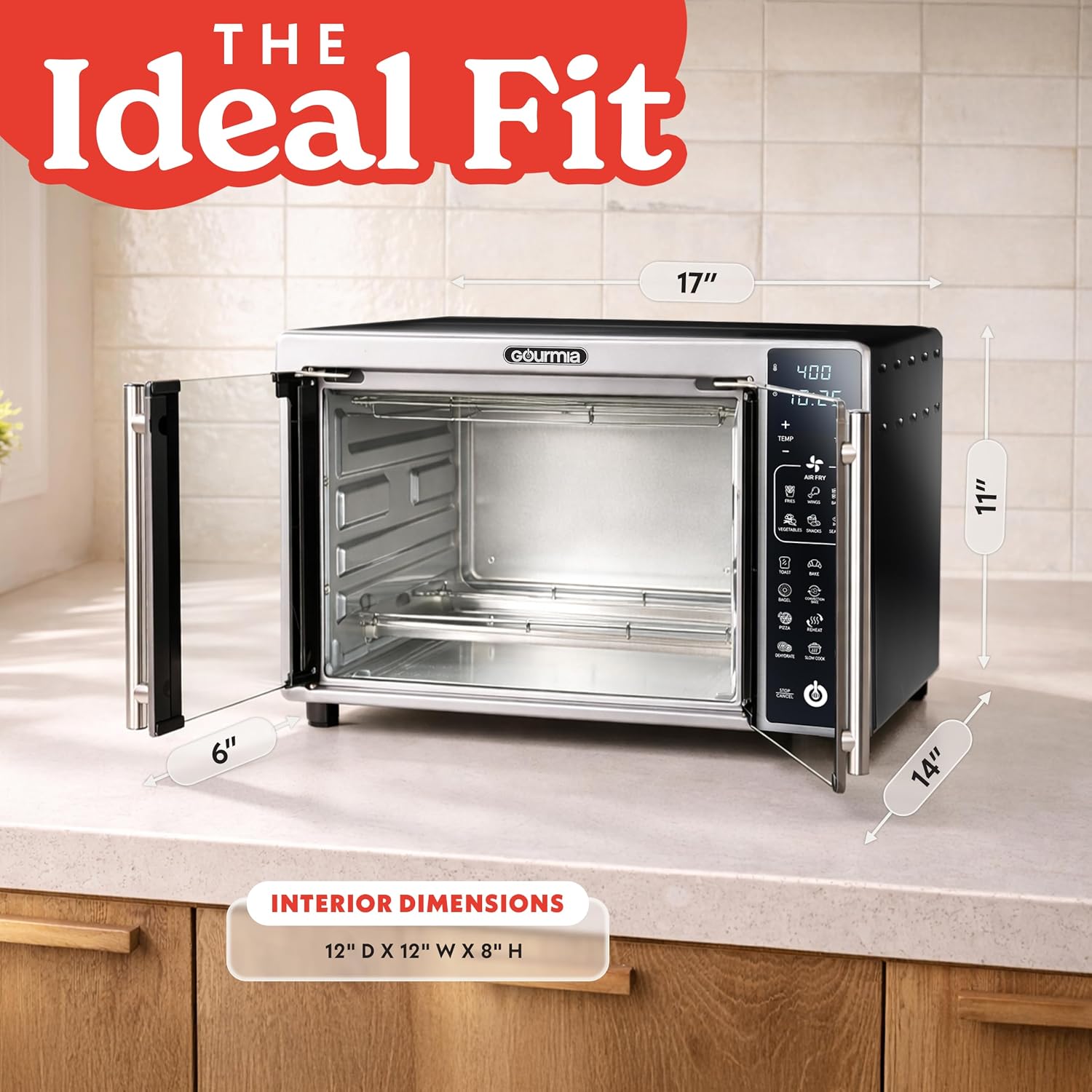 Gourmia Air Fryer French Door Toaster Oven - 6-Slice Capacity, Led Display With 19 Cooking Presets, Stainless Steel