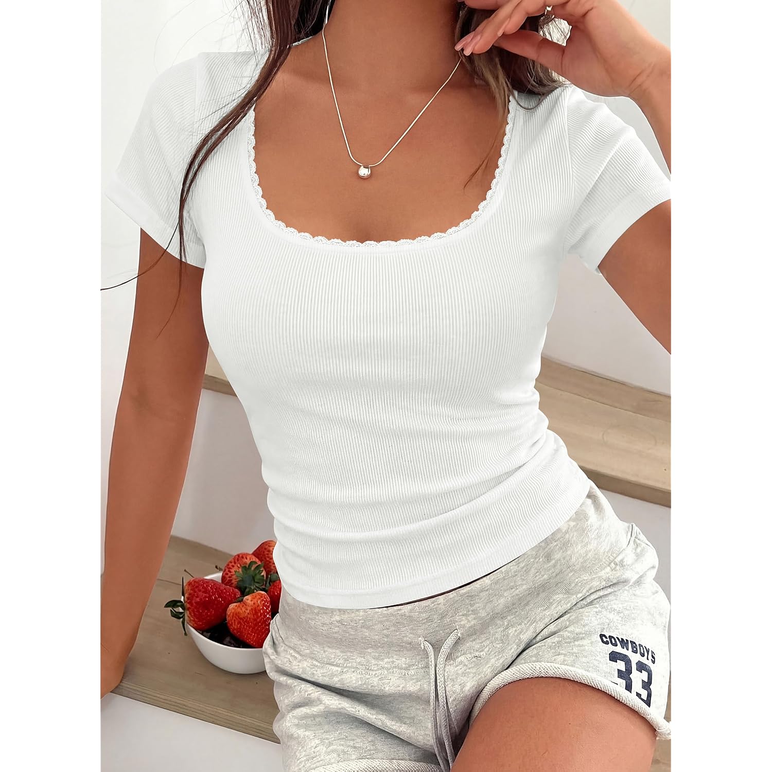 Prettygarden Women'S Short Sleeve Tops 2026 Summer Lace Trim Square Neck Slim Fitted Going Out Basic Tee Shirts Y2K Clothes