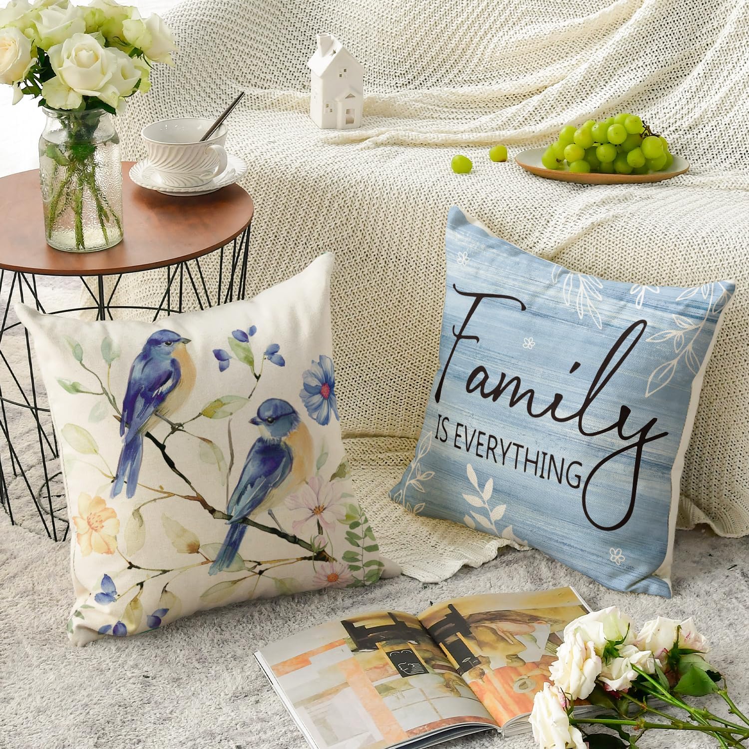 AVOIN colorlife Spring Saying Flowers Butterfly Bird Throw Pillow Covers, 18 x 18 Inch Home Sweet Home Blue Cushion Case for Sofa Couch Set of 4