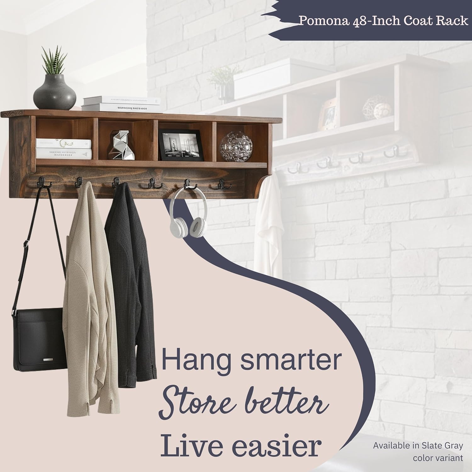 Pomona Solid Wood Entryway Coat Rack With Cubbies, Rustic Brown, 48 Inch | Wall-Mounted Coat Rack With 6 Double Hooks And 4 Open Cubbies, Rustic Farmhouse Mudroom Storage By Alaterre Furniture