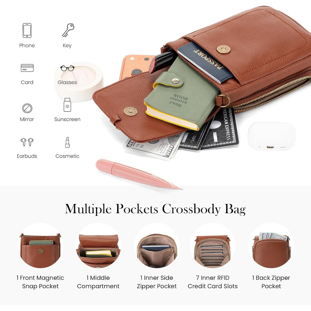 Befen Genuine Leather Small Crossbody Bags For Women, Rfid Phone Purse With Card Slots, Multi Pockets Crossbody Purses