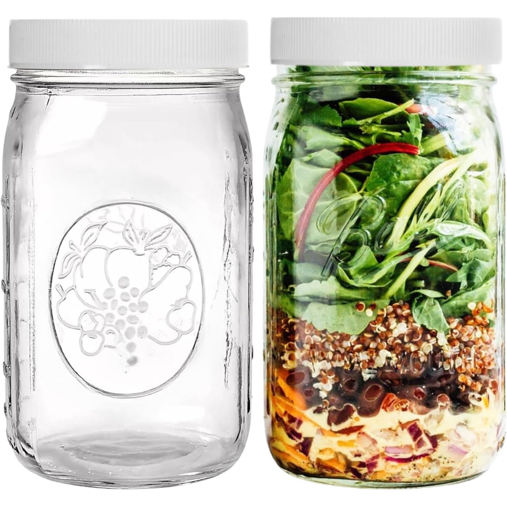 Wide Mouth Mason Jars 32 oz – 2 Pack Quart Size Jars with Airtight Lids and Bands & White Plastic Lid, Ideal for Meal Prep, Canning, Fermenting and DIY Projects, Microwave & Dishwasher Safe.