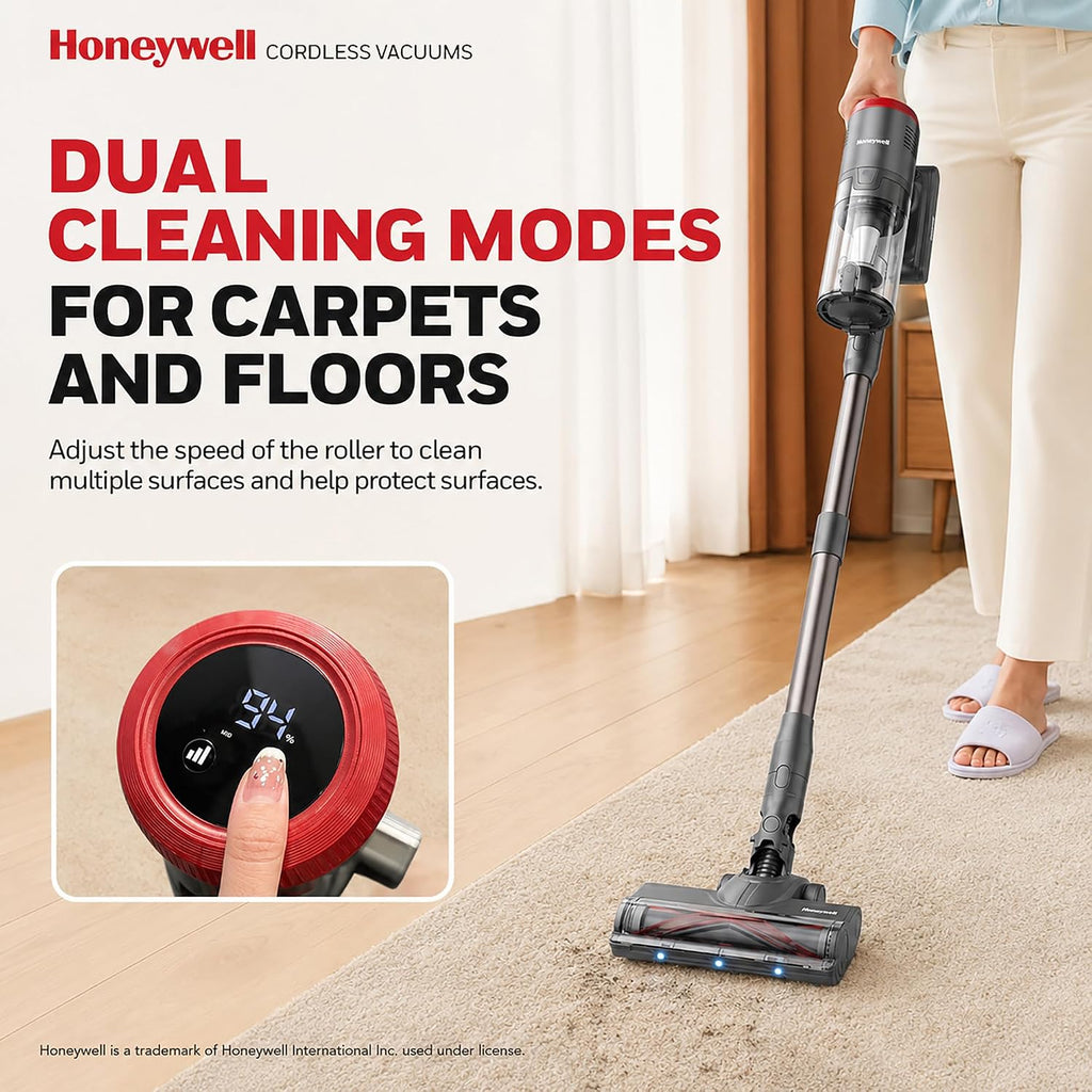 Honeywell Dual Mode Cordless Vacuum Cleaner, Brushless Stick Vacuum Cleaner For Carpet And Hard Floor W/Powerful Suction, Free‑Standing, Anti‑Tangle, 45Mins Runtime, Rechargeable For Home Pet Hair Vc6