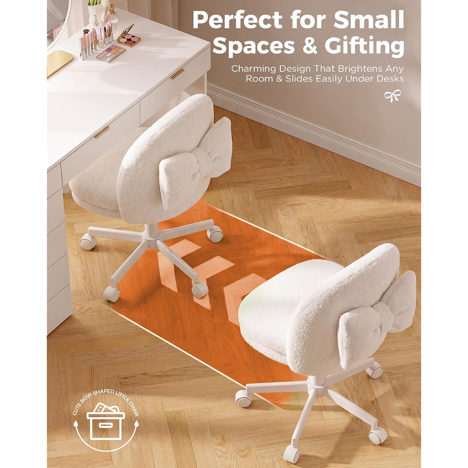 Gtplayer Velvet Tall Office Chair With Wheels Vanity Chairs With Back, Versatile Height Use: Office To Bar Stools Small Ergonomic Comfy Armlees Computer Desk Chair With Bow Lumbar Pillow For Gift