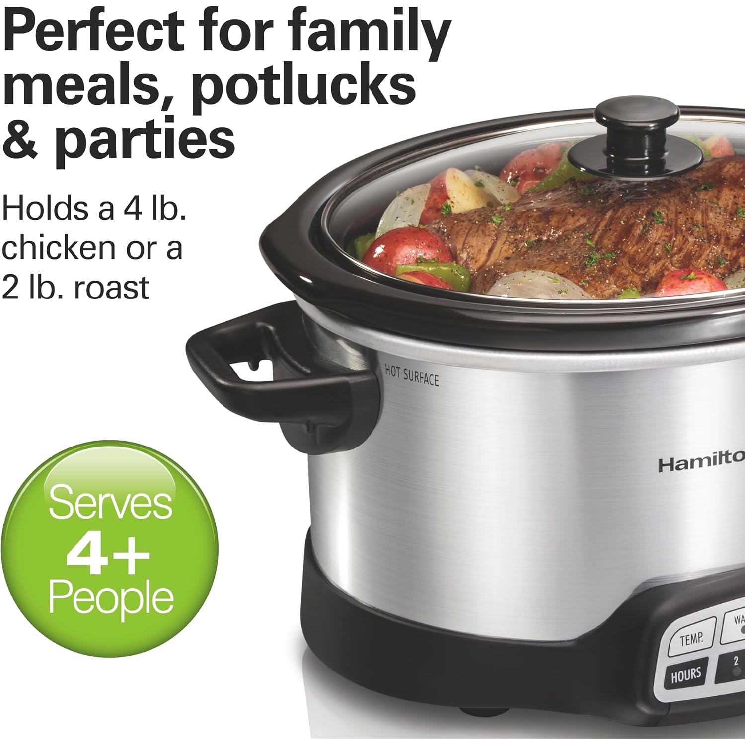 Hamilton Beach Set & Forget 4 Quart Programmable Slow Cooker | Flexible Cooking Options With 3 Heat And 5 Time Settings | Dishwasher-Safe Stoneware Crock & Glass Lid | Silver