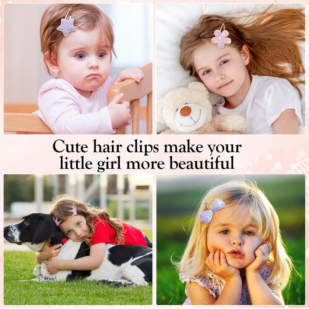 Gingbiss Hair Clips Set: 16 Sparkly Metal Snap Barrettes For Girls, Flower/Star/Crown/Heart/Butterfly Shaped Styling Accessories