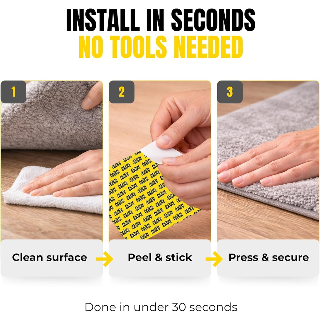 Alien Grip Rug Gripper Carpet Tape - 12pcs, 4x4 in. Anti-Slip Hardwood, Tile Floor, No Damage - Double Sided Reusable, Non Slip Corner Rug Pads - As Seen on TV