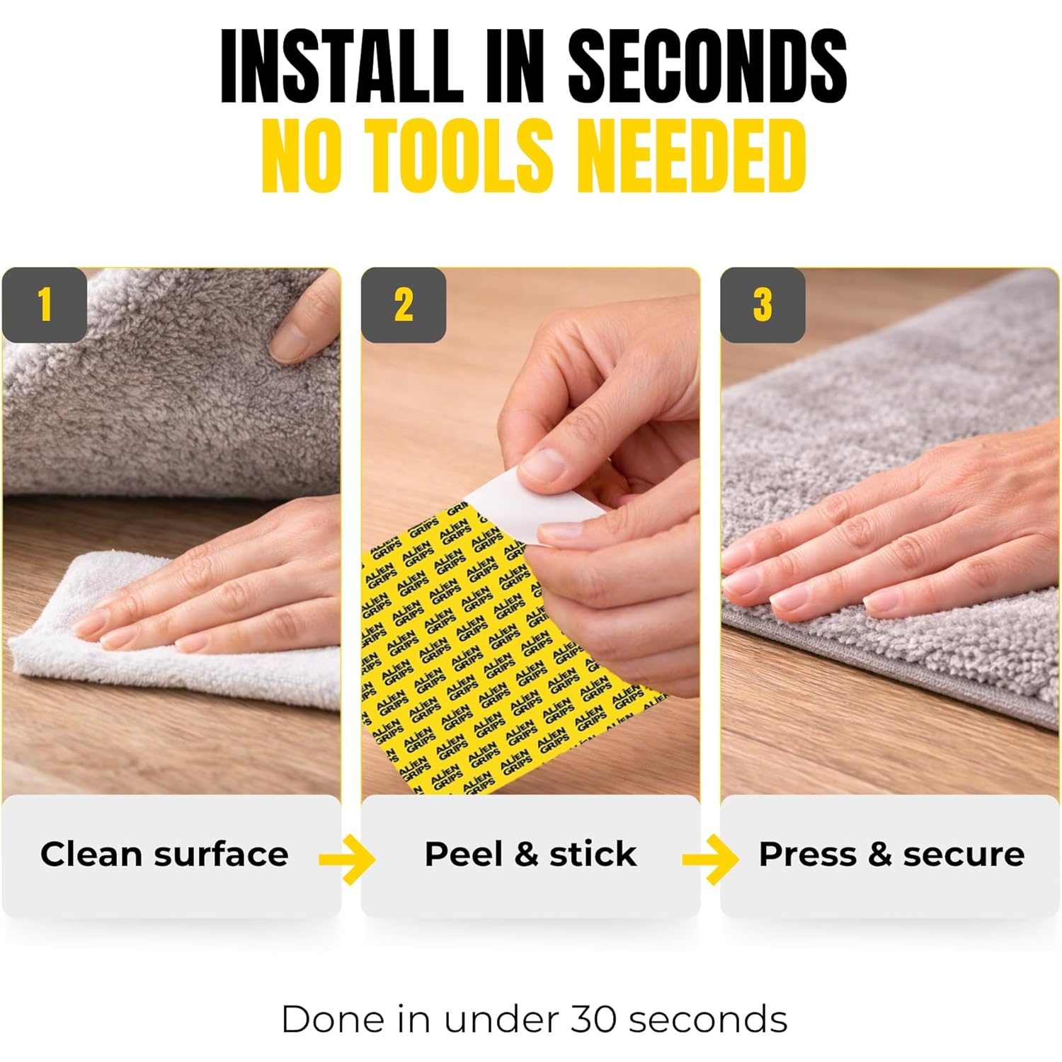 Alien Grip Rug Gripper Carpet Tape - 12pcs, 4x4 in. Anti-Slip Hardwood, Tile Floor, No Damage - Double Sided Reusable, Non Slip Corner Rug Pads - As Seen on TV