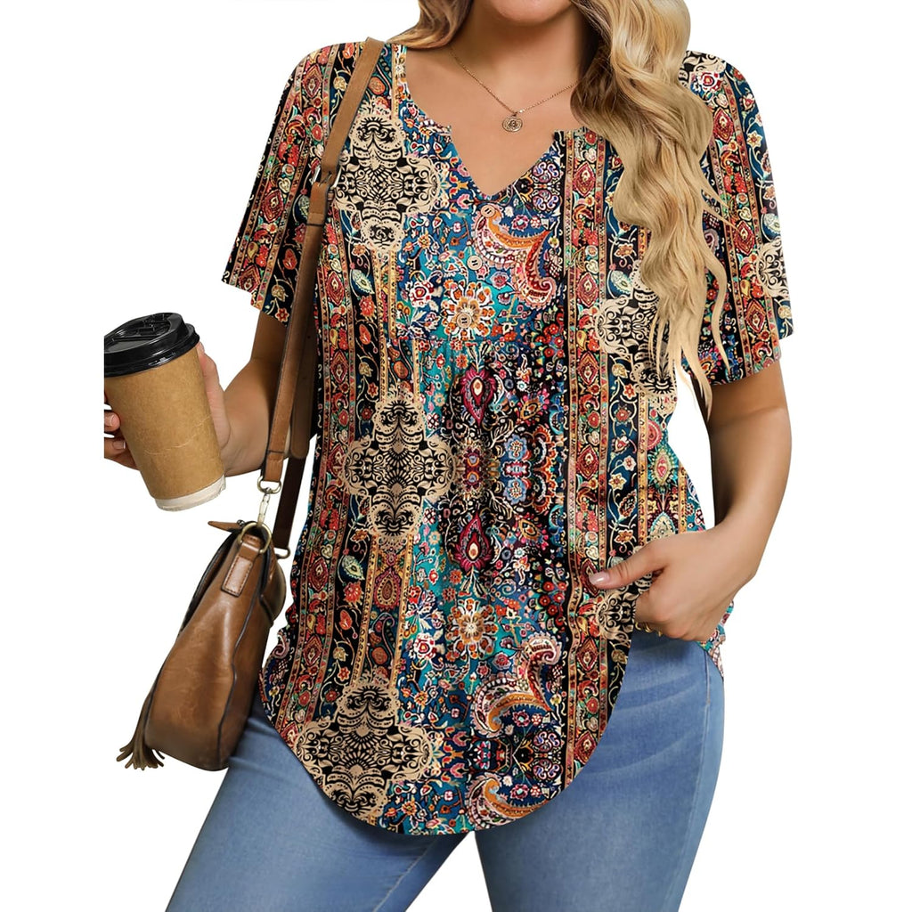 IN'VOLAND Womens Plus Size Tunic Top Summer Short Sleeve T-Shirt V-neck Button Up Dressy Blouse Casual Pleated Pullover 1X-5X