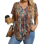 IN'VOLAND Womens Plus Size Tunic Top Summer Short Sleeve T-Shirt V-neck Button Up Dressy Blouse Casual Pleated Pullover 1X-5X