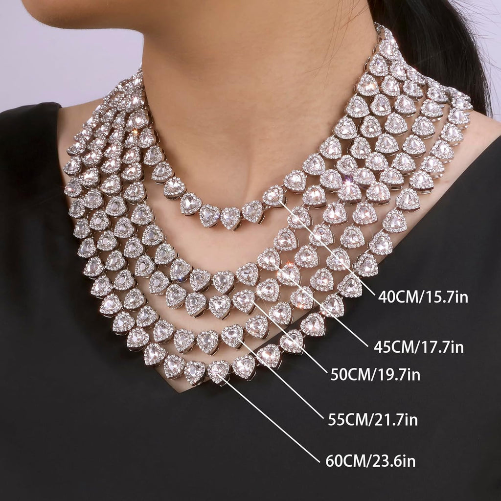 fasone Rhinestone Hearts Necklace, Iced Out Hearts Jewelry，Silver Tennis Necklace For Women，Tennis Necklaces For Women, Heart Tennis Necklace