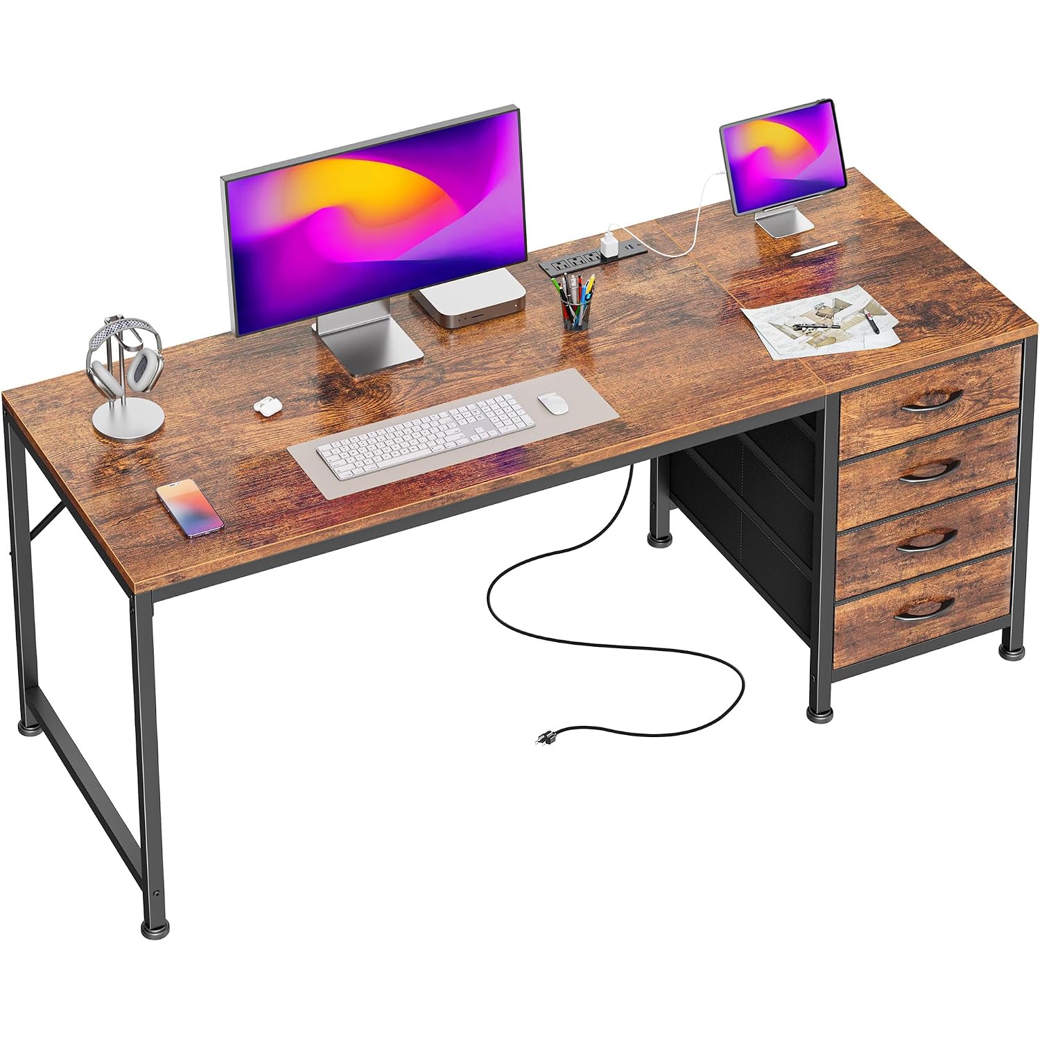 55.1 Inch Computer Office Desk With Power Outelts And Usb-C Port, Reversible Gaming Desk With 4 Fabric Drawers, Work Study Desk Work From Home, Rustic Brown