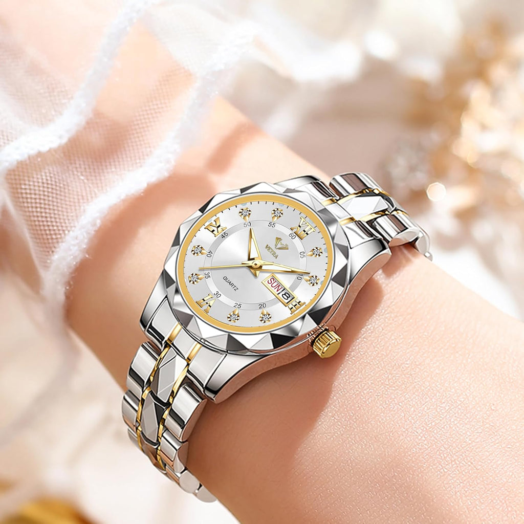 Vetra Womens Bracelet Watches Set Small Wrist Watches with Silver Gold Tone Diamond Stainless Steel Waterproof Luminous Date Display Watches for Ladies Reloj para Mujer