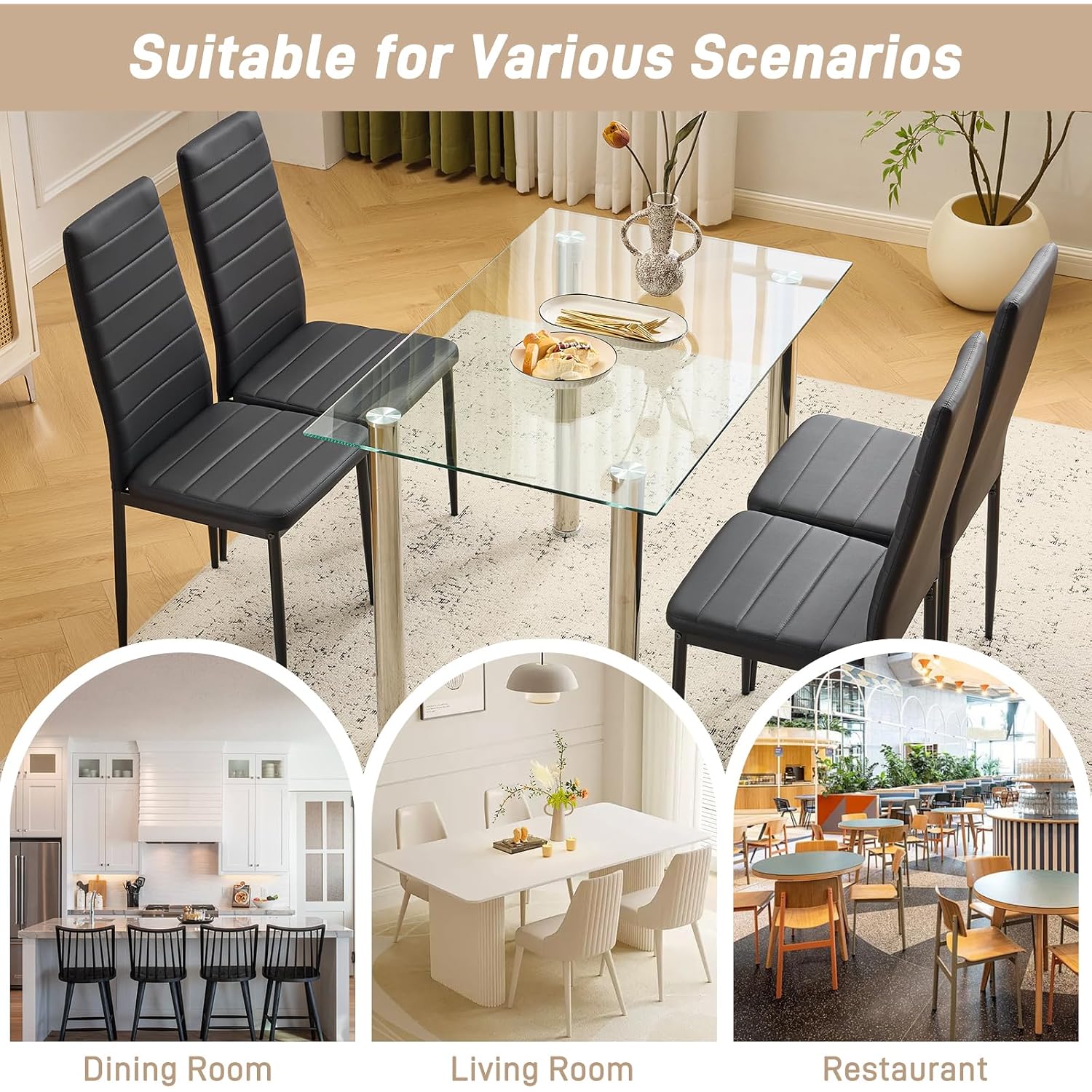 Karl Home Dining Chairs Set Of 4, Pu Leather & High Back, Black