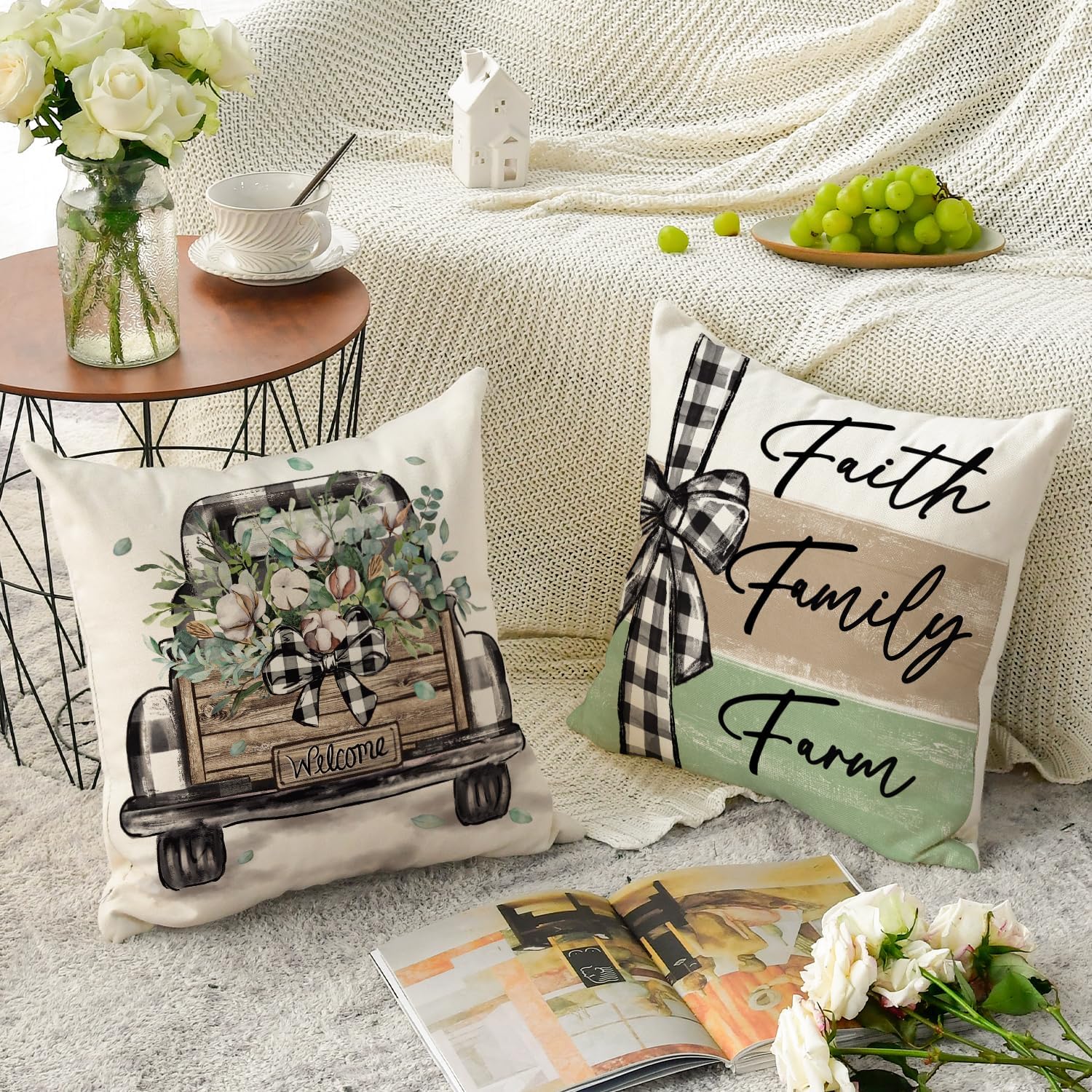 AVOIN colorlife Home Sweet Home Farmhouse Eucalyptus Leaves Throw Pillow Covers, 18 x 18 Inch Truck Stripes Buffalo Plaid Cushion Case Decorations Set of 4