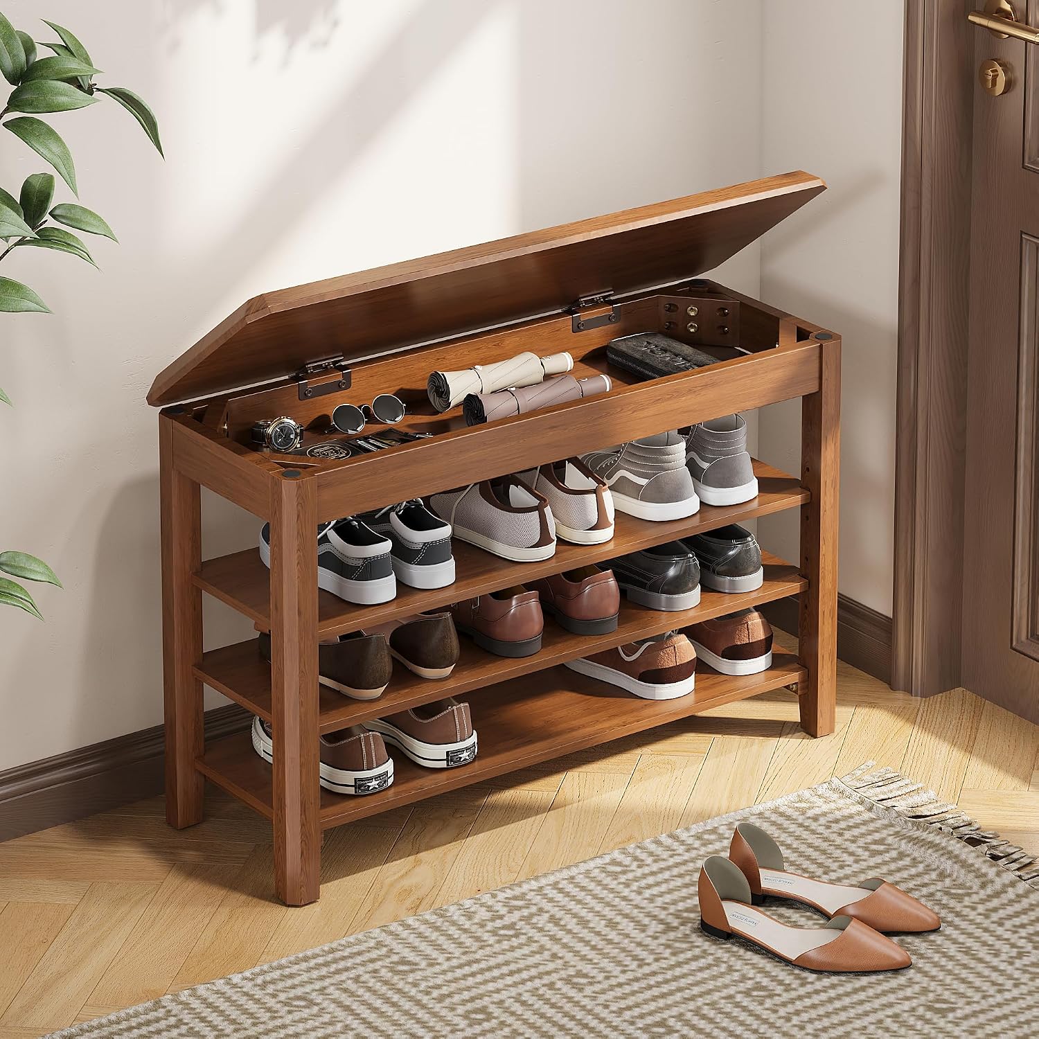 Shoe Rack Bench Seat Rubberwood 3-Tier Wooden Storage Bench 550Lbs Compact Mid-Century Modern Design For Entryway, Hallway, Closet, Front Door Entrance, Foyer