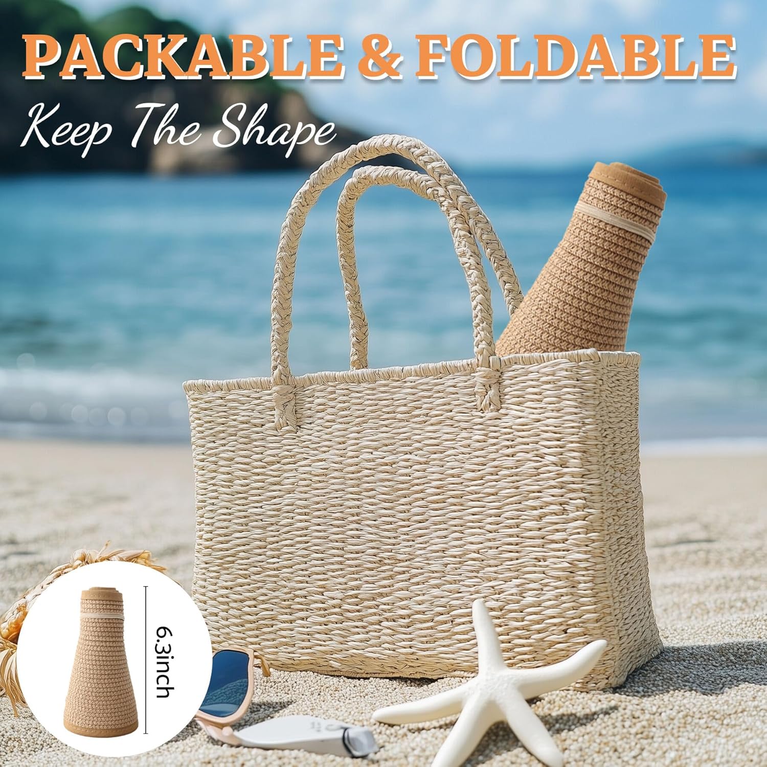 Sun Visor Hats for Women Straw Wide Brim Ponytail Beach Hat Packable Foldable UV Protection Travel Hats
