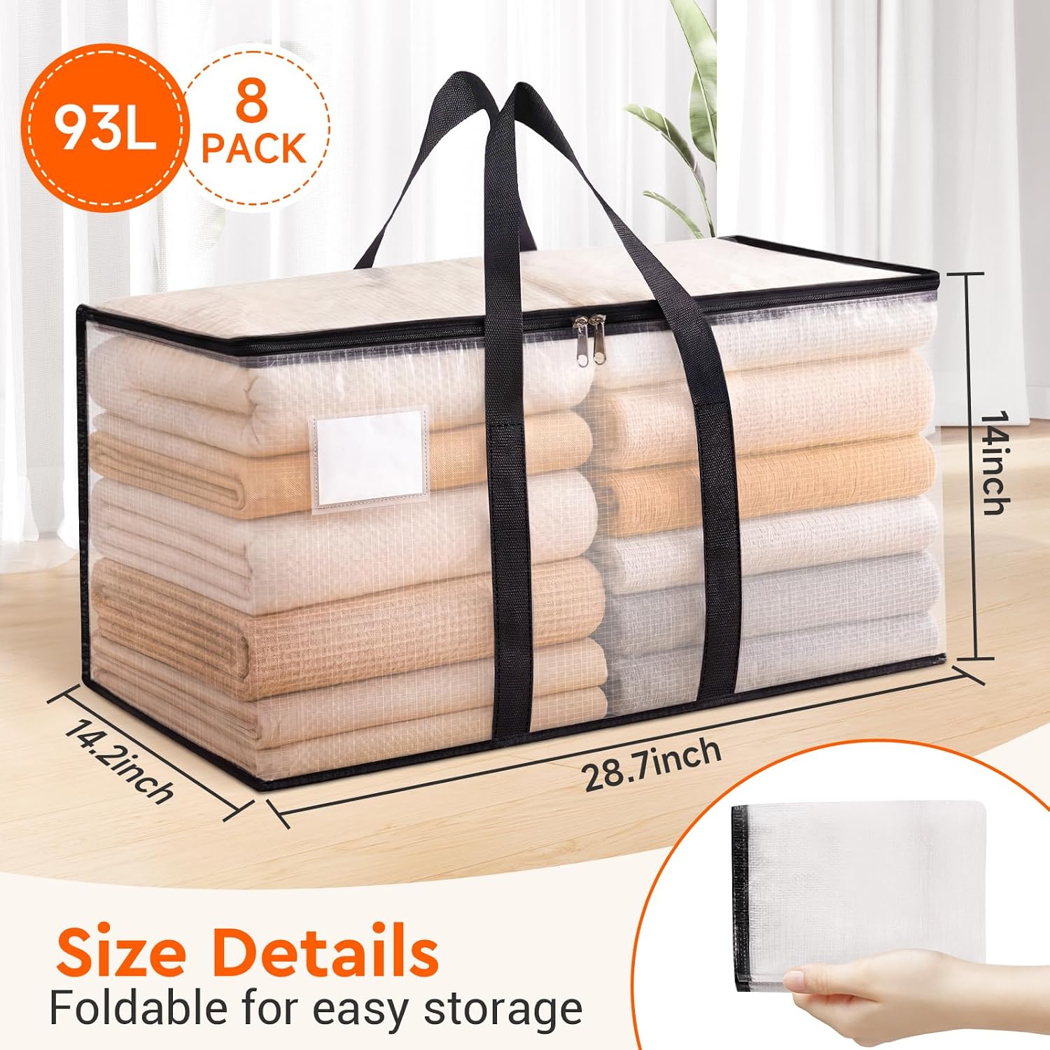 Moving Bags, 93L 8-Pack Storage Bags, Moving Box Heavy Duty Extra Large, Moving Totes With Zipper, Reinforced Handles & Tag Pocket, Boxes For Packaging Moving