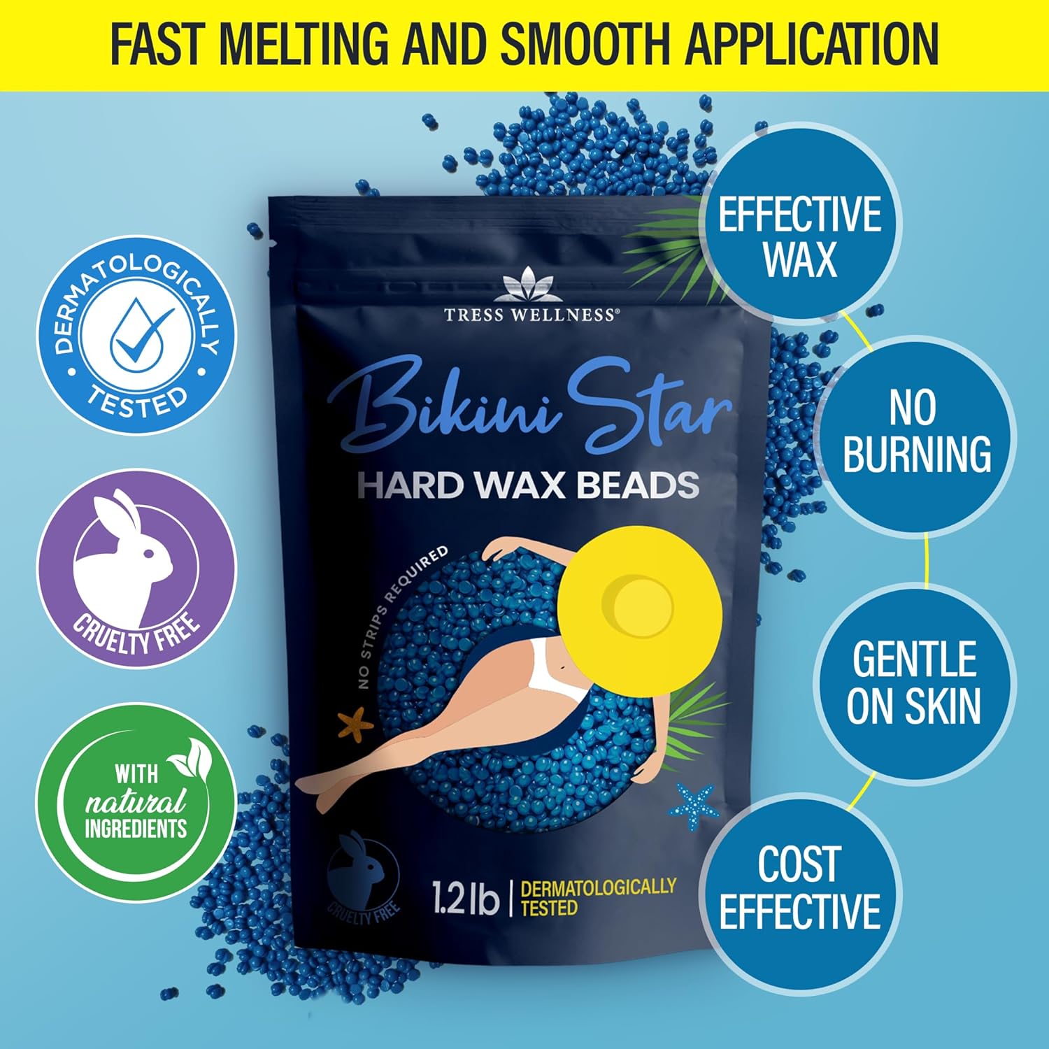 Tress Wellness Wax Beads - Award Winning - Safe for Skin - Dermatologically Tested - At-Home Kit for Bikini, Brazilian & Full Body - Bikini Star 1.2lb