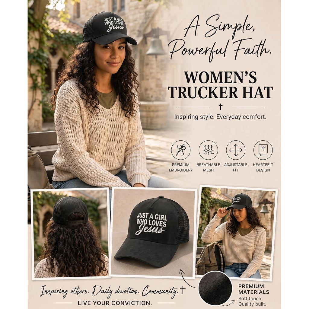Christian Hat for Men Women - Premium Embroidered Faith Baseball Cap - Religious Jesus Gifts, Mesh Back Trucker Hats Just a Girl Who Loves Jesus-black