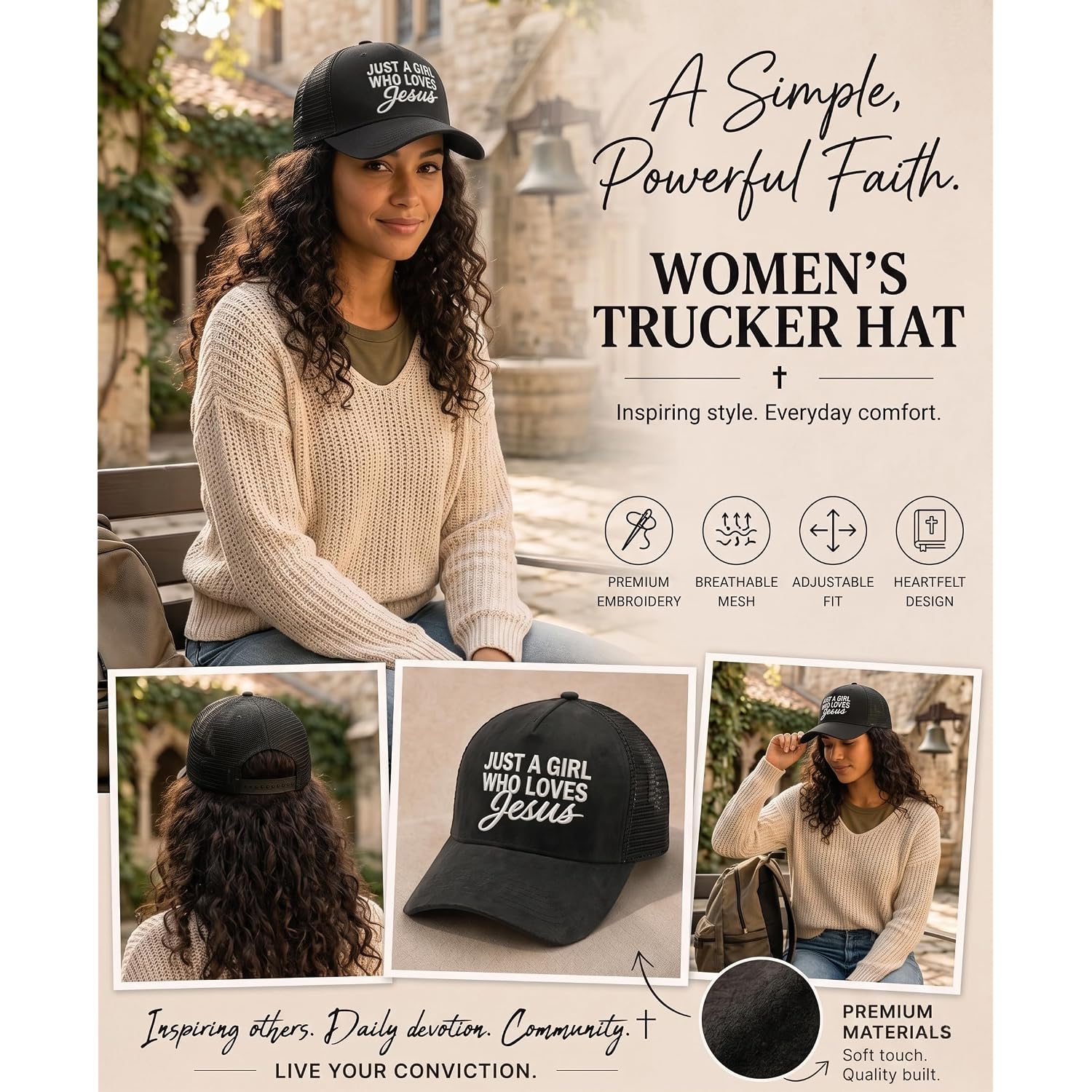 Christian Hat for Men Women - Premium Embroidered Faith Baseball Cap - Religious Jesus Gifts, Mesh Back Trucker Hats Just a Girl Who Loves Jesus-black