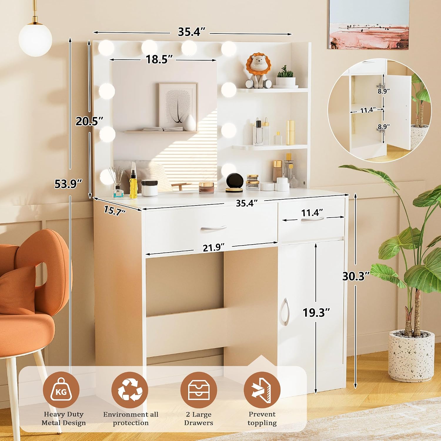 Livelyglow 35.4" White Makeup Vanity Desk With 10 Hollywood Light Bulbs | Dimmable Lighting, Large Mirror, Storage Cabinet