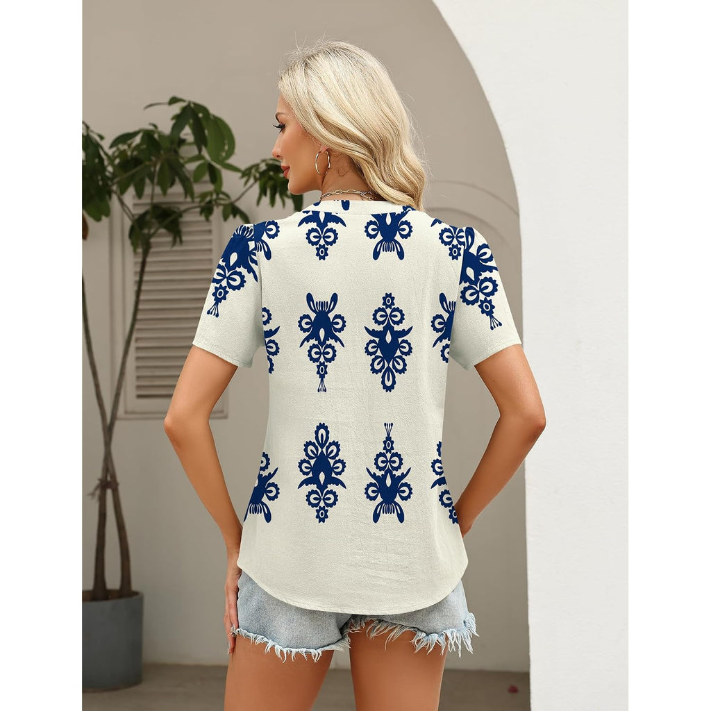LOMON Womens Summer Tops Boho V Neck Pleated Blouses Dressy Casual Short Sleeve Shirts Vacation Outfits
