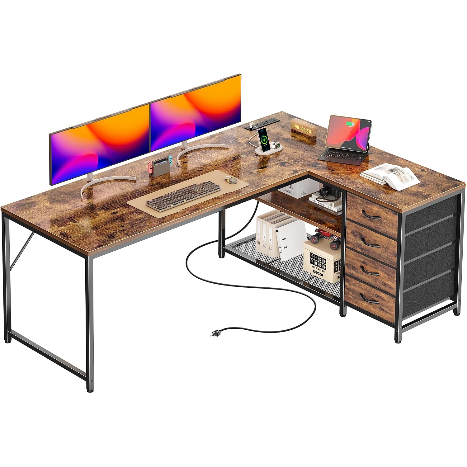 61" L Shaped Desk With Power Outlets & Usb-C Port, Reversible Computer Corner Office Desk With 4 Fabric Drawers And 2 Storage Shelves, Large Desk For Gaming Writing Study, Rustic Brown