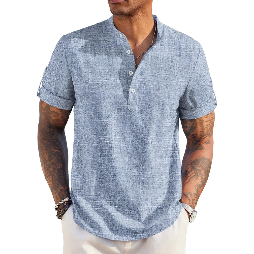 Coofandy Men'S Casual Henley Shirt Short Sleeve Band Collar Linen Shirt Summer Beach Hippie T-Shirts