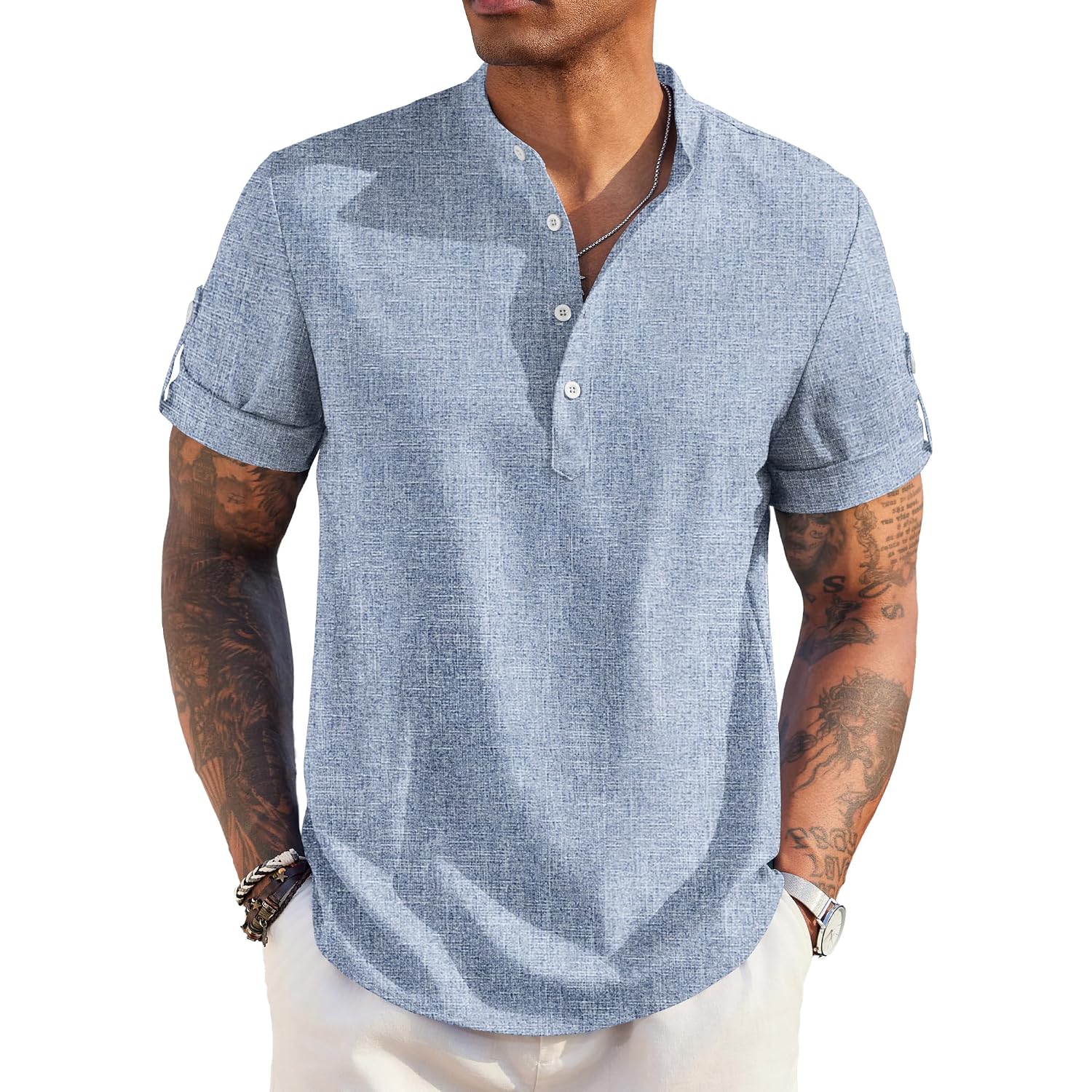 Coofandy Men'S Casual Henley Shirt Short Sleeve Band Collar Linen Shirt Summer Beach Hippie T-Shirts