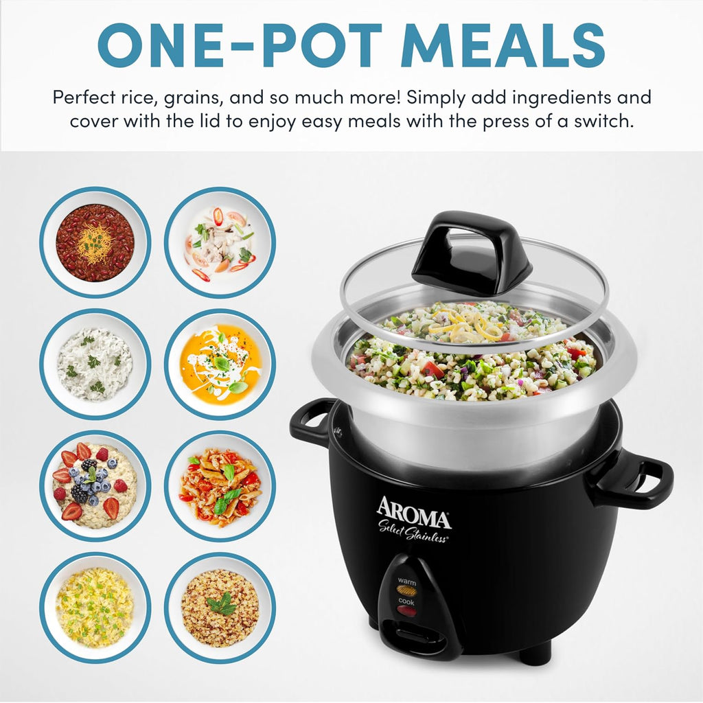 Aroma Housewares Select Stainless Rice Cooker & Warmer With Uncoated Inner Pot, 3-Cup(Uncooked)/6-Cup(Cooked)/ 1.2Qt, Arc-753Sgb, Black