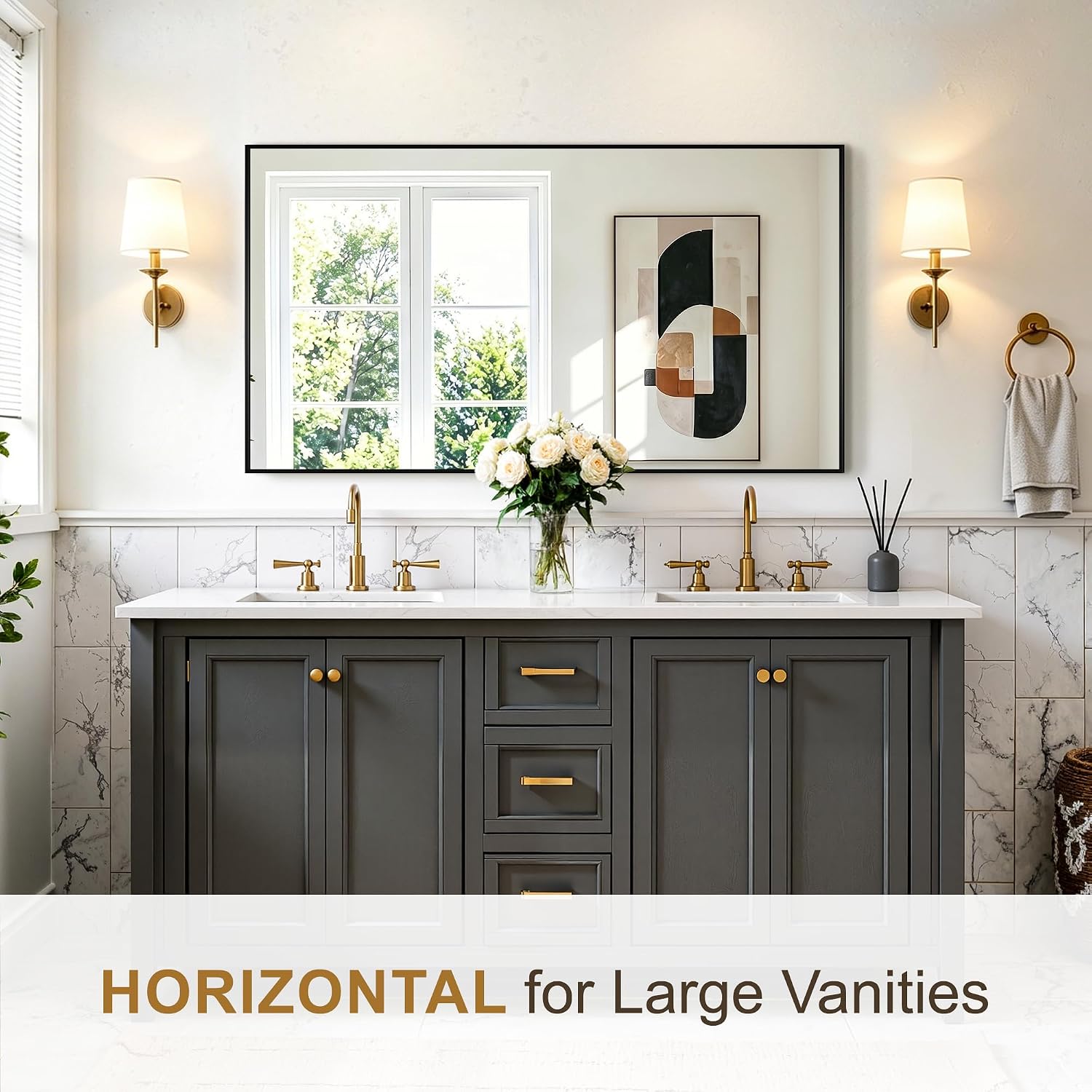 Rectangular Bathroom Mirror, 55"X30" Black Metal Framed Vanity Mirror, Hd Shatterproof Wall Mirror, Horizontal Or Vertical Hanging, Easy Installation For Bathroom, Bedroom, Living Room, Entryway