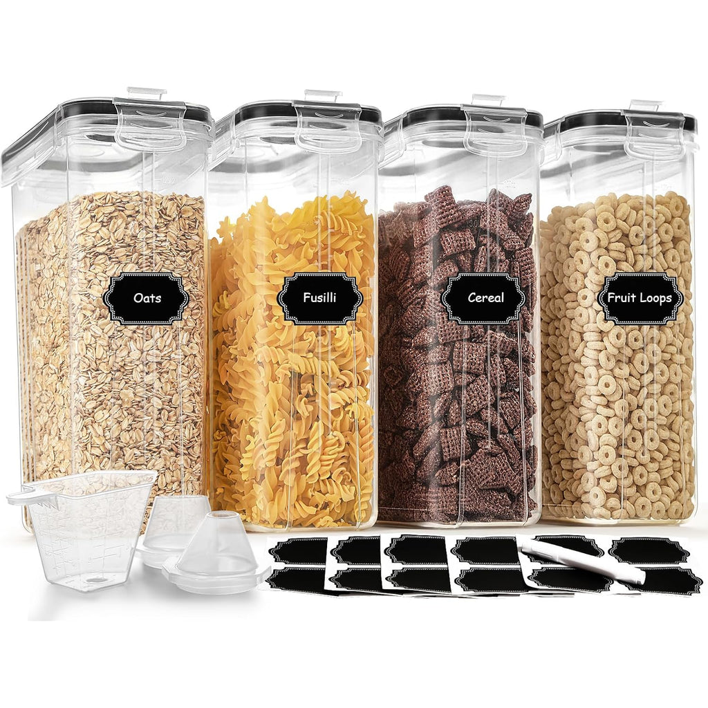 Cereal Containers Storage Set (4L / 135.2Oz), 4Pcs Airtight Food Storage Containers With Lids, Cereal Dispensers For Kitchen Pantry Organization And Storage With Pour Spout, 20 Labels, Marker
