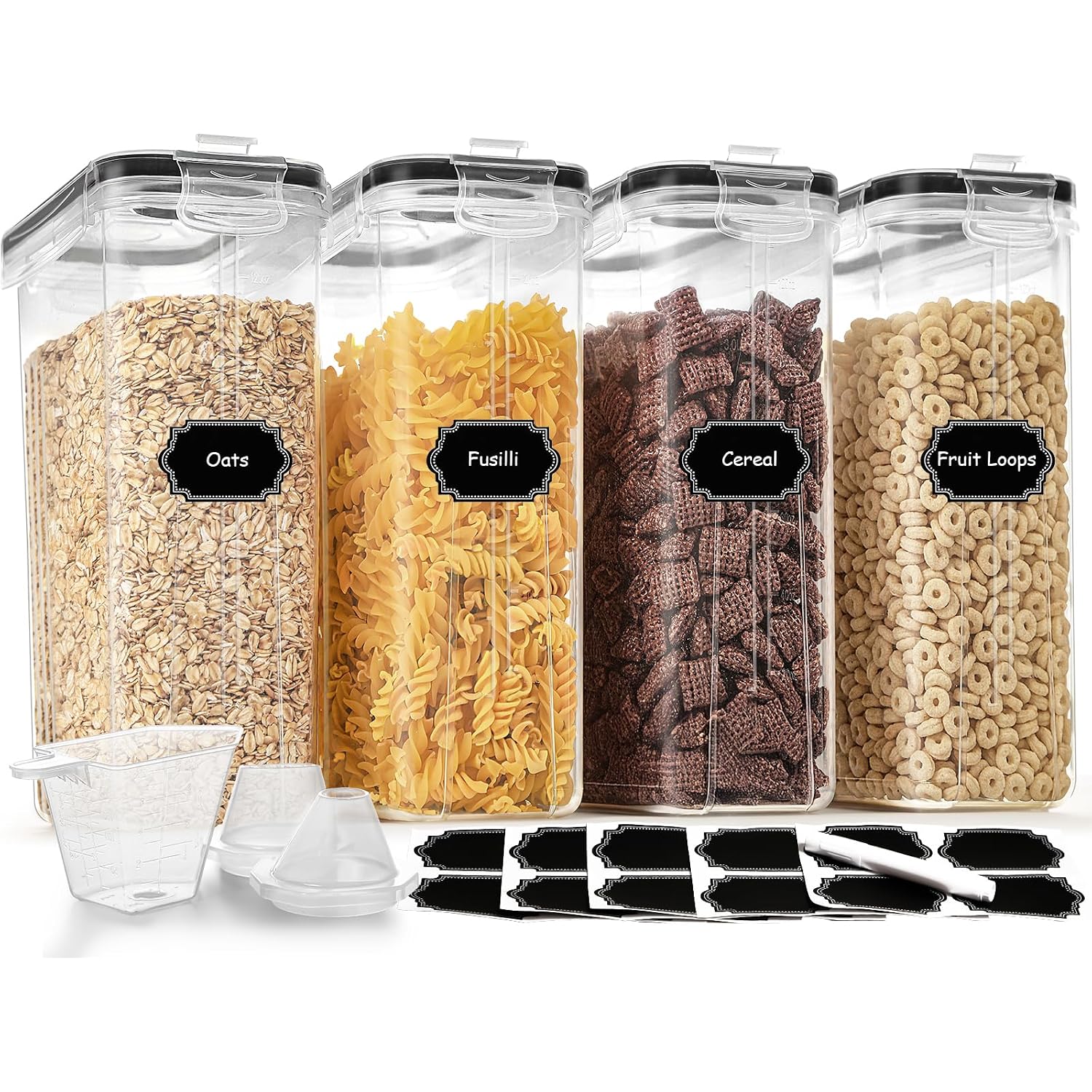 Cereal Containers Storage Set (4L / 135.2Oz), 4Pcs Airtight Food Storage Containers With Lids, Cereal Dispensers For Kitchen Pantry Organization And Storage With Pour Spout, 20 Labels, Marker