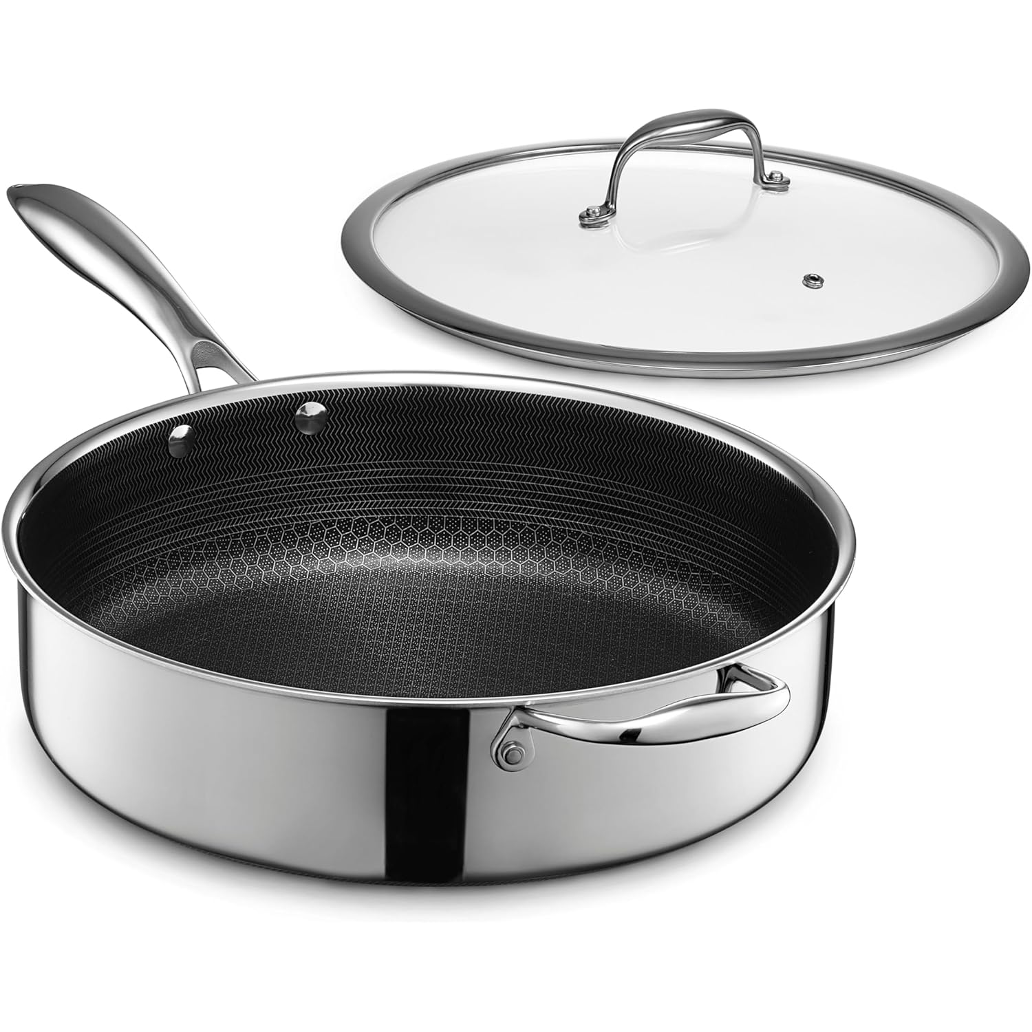 HexClad Hybrid Nonstick 5.5-Quart Deep Sauté Pan with Tempered Glass Lid, Stay-Cool Handle, Dishwasher-Friendly, Oven-Safe Up to 900°F, Induction Ready, Compatible with All Cooktops