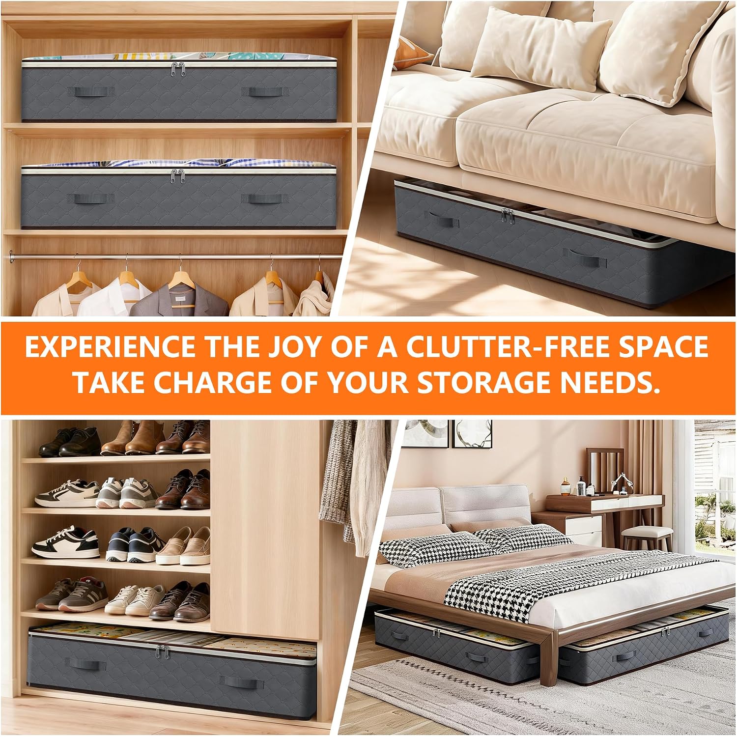 90L Under Bed Storage Containers,4-Pack Closet Organizers And Storage Bins,For Organization And Storage Clothes, Shoes, Blankets & Pillows,Visible Transparent Top Storage Bins With Lids, Grey